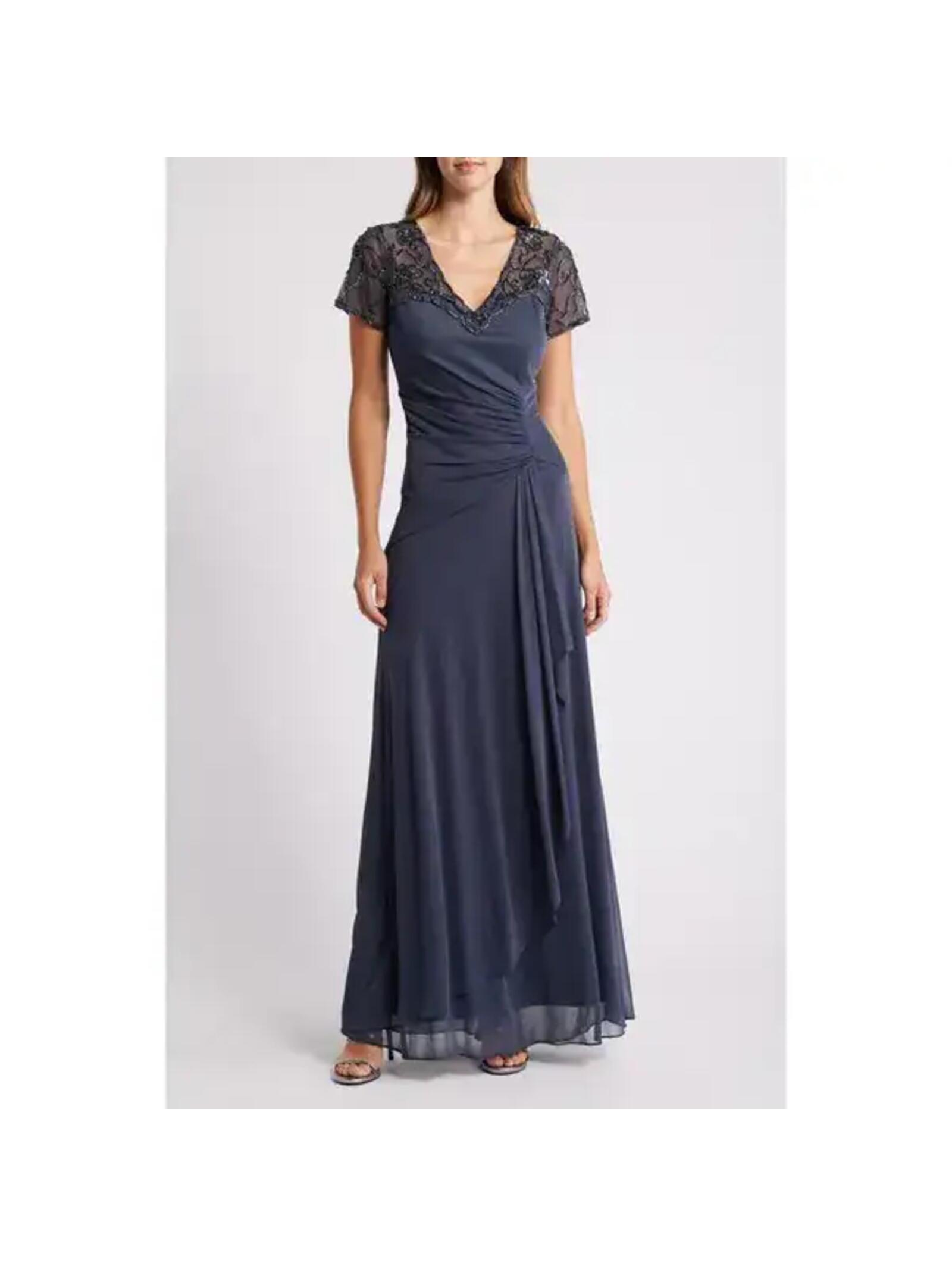Xscape Evenings Beaded Short Sleeve Ruched Gown